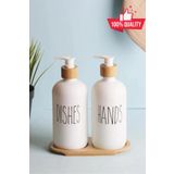 WWSHOP 2’li Beyaz Mutfak Cam Sıvı Sabunluk Seti 500ml Bambu Standlı