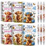 Wxiben Highland Cow Hediye Seti - 24 Adet Highland İnek Çiçekli Spiral Günlük Defterler Tükenmez Kalemler Sevimli Sığır Tükenmez Kalem Seti Kadınlar Erkekler Okul Ofis Malzemeleri için Hıristiyan