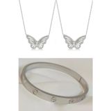 X-lady Accessories 2'Lİ Set - Zirkon Taşlı Kelebek Bayan Çelik Kolye, Kartier Alaşım Bileklik Gümüş Renk SNJ-SET1007
