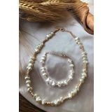 X-Lady Accessories Kadın Altın Barok İnci Kısa Kolye Ve Bileklik Set