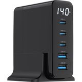 X-Level XC4048 140W GaN PD Fast 3x USB-C 2x USB-A 5 Çıkışlı Ekranlı Dock Çoklu Şarj Aleti Adaptörü - Siyah