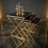 X Model Gold Metal Ayaklı Siyah Camlı 3'Lü Zigon Sehpa