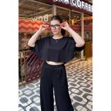 XELA 2' Li Set - Bisiklet Yaka Yarasa Kol Rahat Kalıp Crop Bluz ve Pileli Pantolonlu Modal Takım