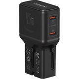 Xenon Smart Priz Dönüştürücü | 45W GaN Hızlı Şarj, 200+ Ülke, 2x USB-C, PD PPS, Seyahat Adaptörü (X6409) Siyah