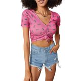 Xhan 2KXK2-45700-57 Ananas Desenli Büzgü Detaylı Pembe Kadın Crop