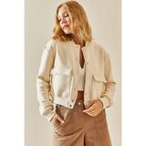 Xhan 3YXK4-47551-22 Kadın Krem Çıtçıt Düğmeli Crop Bomber Ceket