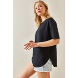 Xhan 4KXK1-47929-02 Kadın Siyah Bisiklet Yaka Oval Kesim T-Shirt