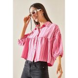 XHAN Fuşya Çizgili Balon Kol Crop Gömlek -07 5YXK2-48403