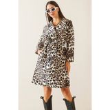 Xhan Kahverengi Leopar Desenli Kuşaklı Midi Trençkot 5kxk4-48962-18