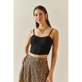 Xhan Siyah Balenli & Askılı Crop Bluz 5YXK2-48340-02 - M