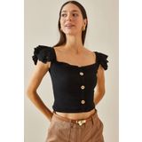 XHAN Siyah Kolları Fırfırlı Düğmeli Bluz -02 5YXK2-48736