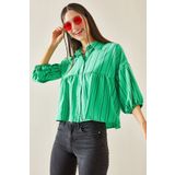 XHAN Yeşil Çizgili Balon Kol Crop Gömlek -08 5YXK2-48403