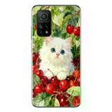 Xiaomi Mi 10 T Uyumlu Kirazlı Kedi Baskılı Silikon Kılıf