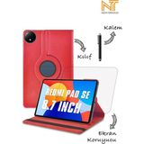 Xiaomi Redmi Pad Se 2024 8.7 Inç Uyumlu 360 Dönebilen Standlı Tablet Kılıfı Ekran Koruyucu Kalem Set - Kırmızı