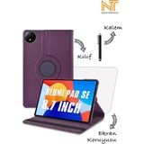 Xiaomi Redmi Pad Se 2024 8.7 Inç Uyumlu 360 Dönebilen Standlı Tablet Kılıfı Ekran Koruyucu Kalem Set - Mor
