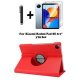 Xiaomi Redmi Pad Se 8.7 Inç Tablet Uyumlu Uyku Modlu 360 Döner Pu Deri Kılıf Seti Kırmızı