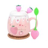 XinHuiGY Pembe Kupa, Kapaklı Kaşıklı Sevimli Çilek Kupası, Seramik Kahve Kupası, Çay Sütü için Kawaii Kupası, Kadın Kız Öğrenci Kore Tarzı 450ML Noel Doğum Günü Hediyesi (Büyük Çilek)