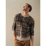 Xint Erkek Kahverengi Yumuşak Dokulu Oversize Modern Ekose Kazak - XL