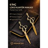 xolo Premium Çantalı Kuaför Makası 6 Inch Altın Seri Profesyonel Paslanmaz Çelik Düz ve Ara İnceltme Seti