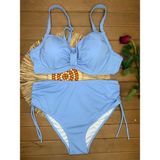 Xorvio Kadın Bebe Mavisi Likralı Esnek Şık Rahat Büyük Beden Telli Balenli Toparlayıcı Yüksek Bel Bikini Takım - 48