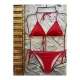 XORVİO Kadın Kırmızı Likralı Esnek Yandan Ve Boyundan Bağlamalı Şık İpli Üçgen Bikini Takım