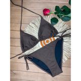 Xorvio Kadın Likralı Esnek Yandan ve Boyundan Bağlamalı Şık Ipli Üçgen Bikini Takım - 2XL - Kahverengi