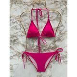 Xorvio Kadın Likralı Esnek Yandan ve Boyundan Bağlamalı Şık Ipli Üçgen Bikini Takım - Koyu Pembe