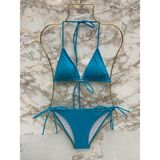 Xorvio Kadın Likralı Esnek Yandan ve Boyundan Bağlamalı Şık Ipli Üçgen Bikini Takım - Mavi