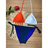 Xorvio Kadın Likralı Esnek Yandan ve Boyundan Bağlamalı Şık Ipli Üçgen Bikini Takım - Turuncu - Beyaz