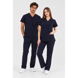 XPLUS Lacivert Likralı Unisex Yarasa Kol Doktor Ve Hemşire Forması Takımı Scrubs