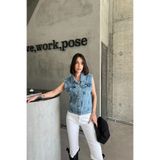 XRAY JEANS Kadın Polo Yaka Cepli Pamuklu Buz Mavi Kot Yelek