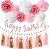 Xspring Doğum günü süsleri seti, pembe rose gold doğum günü dekorasyonları, mutlu yıllar pankartı, rose gold saçaklı perde, daire noktalı garland ve simli garland, dekorasyon için asma süsler