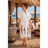 XVA Kadın Beyaz Plaj Kimono | Kuşaklı | Püskül Detaylı pamuk bambu | Yazlık Pareo Kimono | Bohem Plaj Giyimi