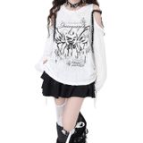 Y2K Tişört Kadın Anime Açık Omuz Uzun Kollu Delikli File ve Çizgi Film Baskı Grunge Harajuku Kawaii Gotik Kıyafet
