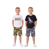 YA KO KİDS Dinozor ve Boy Baskılı Kamuflaj Desenli Erkek Çocuk Tişört Şort Takım Yazlık Pamuklu Rahat Kalıp 2’li Set