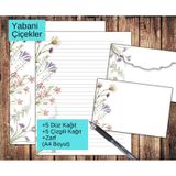 Yabani Çiçekler Zarflı Mektup Not Kağıdı, +5 Düz Kağıt +5 Çizgili Kağıt +Zarf (A4 Boyut)