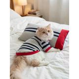 Yacht Club Marin Çizgili Kedi Uyku Takımı | Lacivert Kırmızı Pamuklu Kedi Tulumu Ve Mini Yastık