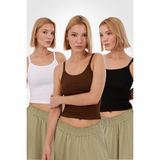 Yade Fashion Kadın Askılı Atlet 3’lü Set %95 Viskon Kumaş İnce Askılı Tasarım Yazlık Rahat Kullanım - Siyah - Beyaz - Kahverengi - 2XL