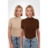 Yade Fashion Kadın Ekru Kahverengi 2'li Kısa Kol Bluz Set