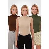 Yade Fashion Kadın Kahverengi Ekru Haki Kolsuz Bluz 3’lü Set