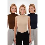 Yade Fashion Kadın Kahverengi Ekru Lacivert 3'lü Kolsuz Bluz Set