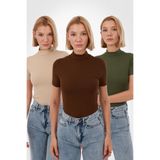 Yade Fashion Kadın Kahverengi Ekru Yeşil 3'lü Kısa Kol Bluz Set