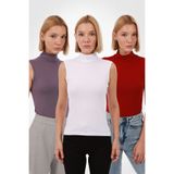 Yade Fashion Kadın Kırmızı Beyaz Mor 3'lü Kolsuz Bluz Set