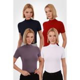 Yade Fashion Kadın Kırmızı Lacivert Beyaz Mor 4'lü Kısa Kol Bluz Set