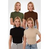 Yade Fashion Kadın Kısa Kol Bluz 4’lü Set - Ekru - Siyah - Kahverengi - Yeşil - XL