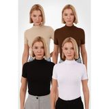 Yade Fashion Kadın Kısa Kol Bluz 4’lü Set - Siyah - Beyaz - Kahverengi - Ekru - 2XL