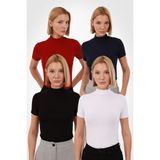 Yade Fashion Kadın Kısa Kol Bluz 4’lü Set - Siyah - Beyaz - Lacivert - Kırmızı - 2XL