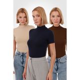 Yade Fashion Kadın Kısa Kollu Bluz 3’lü Set – Kahverengi Ekru Lacivert