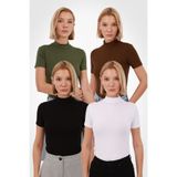 Yade Fashion Kadın Kısa Kollu Bluz 4’lü Set – Siyah Beyaz Kahverengi Haki