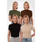 Yade Fashion Kadın Kısa Kollu Bluz 4’lü Set – Siyah Kahverengi Ekru Haki